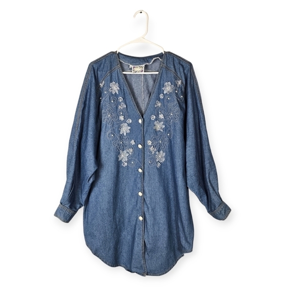 Vintage 80s Denim Floral Embroidered Beaded Button Up Shirt Tunic Mini Dress - Picture 1 of 8